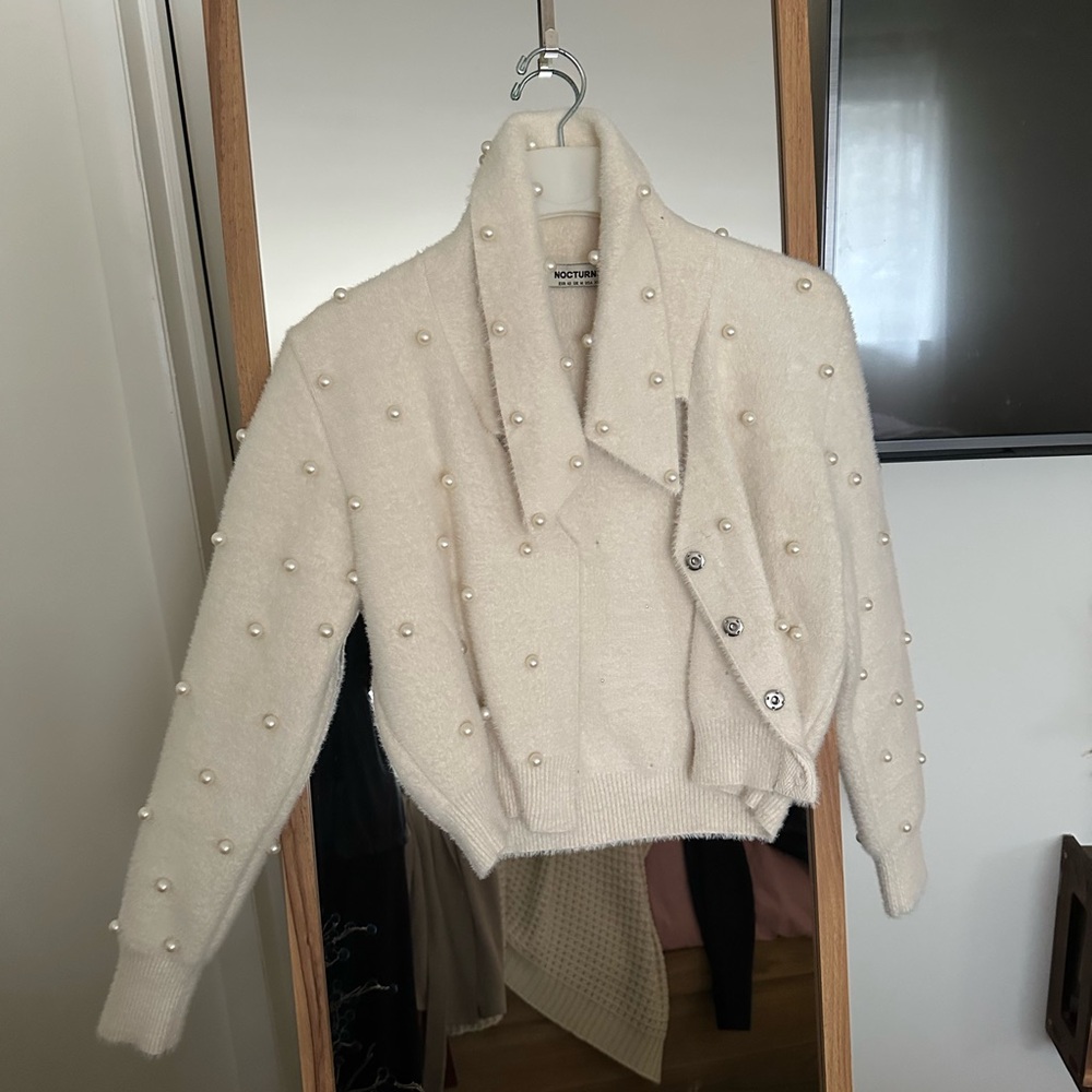 Cream Pearl-Embellished Cardigan